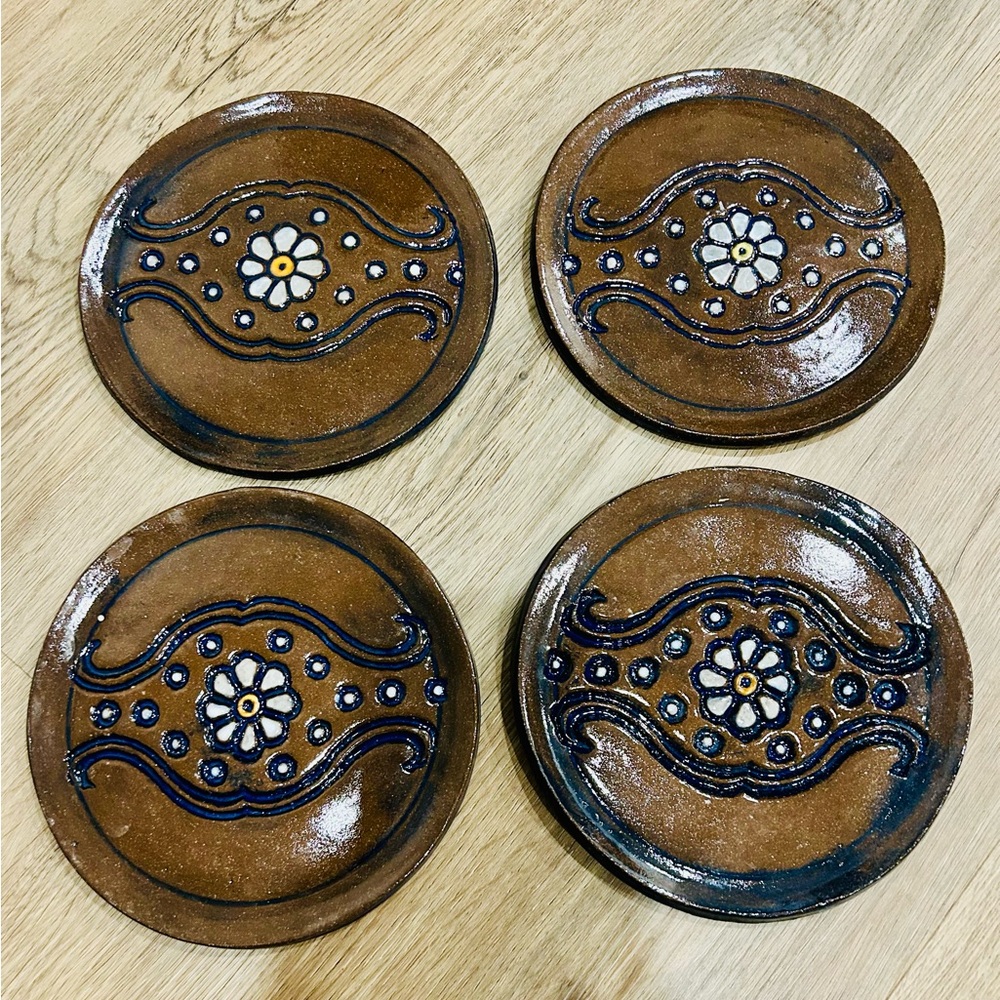 Set Of 4 Mexican Handmade Brown Glazed 6.5” Stone Plates